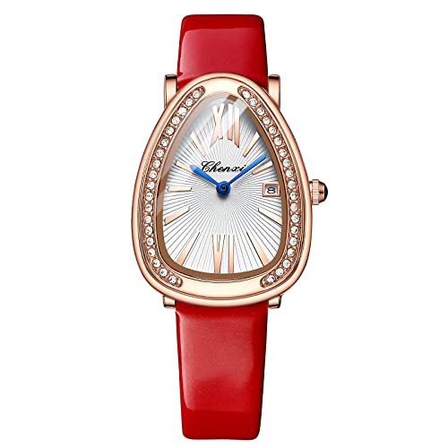 Avaner Damen Armbanduhr mit Oval Full Diamond Gehäuse Quarzuhr für Damen Große Zahl Kalender Zifferblatt gebogenes Glas Lederarmband Uhr für Frauen von Avaner