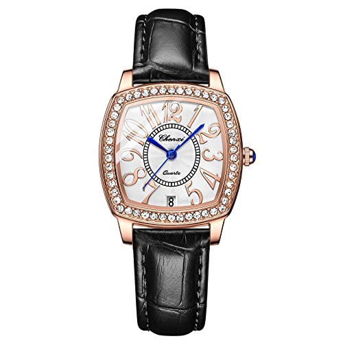 Avaner Damenuhr Armbanduhr mit Full Diamond Gehäuse Quarzuhr für Damen Große Zahl Kalender Zifferblatt gebogenes Glas Lederarmband Uhr für Frauen von Avaner