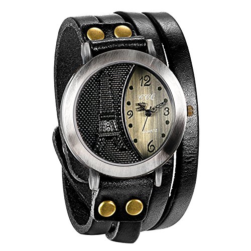 Avaner Armbanduhr Damen Herren Analog Quarzwerk mit Leder Armband Strass Eiffelturm Retro Multilayer Wickelarmband Quarzuhr als tolles Geschenk AN019-02 (Schwarz) von Avaner