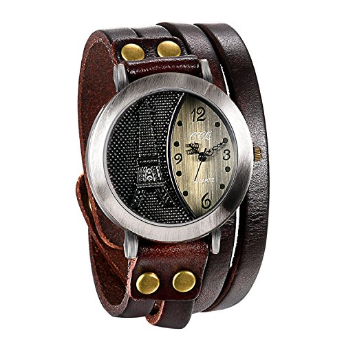 Avaner Armbanduhr Damen Herren Analog Quarzwerk mit Leder Armband Strass Eiffelturm Retro Multilayer Wickelarmband Quarzuhr als tolles Geschenk AN019-03 (Braun) von Avaner