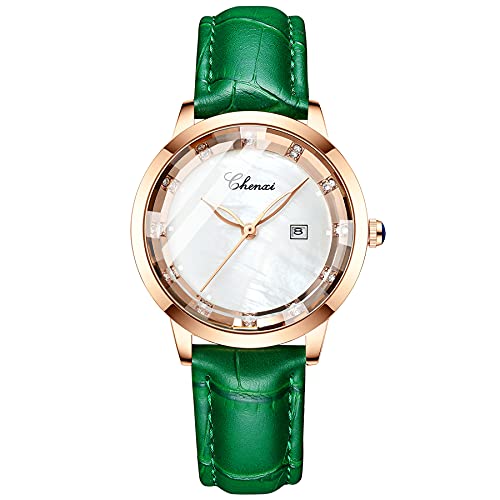 Avaner Armbanduhr Damen Uhr mit Diamant-Skala Kalender Shell Zifferblatt Damenuhr mit Lederband Analog Quarz Uhr für Frauen Geschenke von Avaner