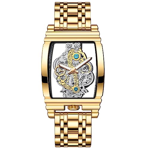 Avaner Armbanduhr Herrenuhr Analoges Quarzuhr Edelstahlarmband Tonneau-Gehäuse Mechanisches Design wasserdichte Uhr für Männer, Silber Gold von Avaner