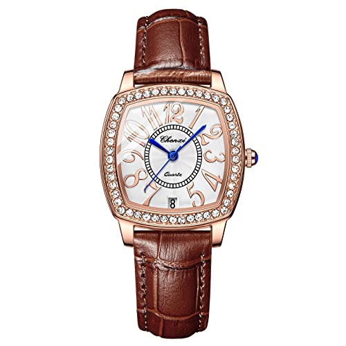 Avaner Damenuhr Armbanduhr mit Full Diamond Gehäuse Quarzuhr für Damen Große Zahl Kalender Zifferblatt gebogenes Glas Lederarmband Uhr für Frauen von Avaner