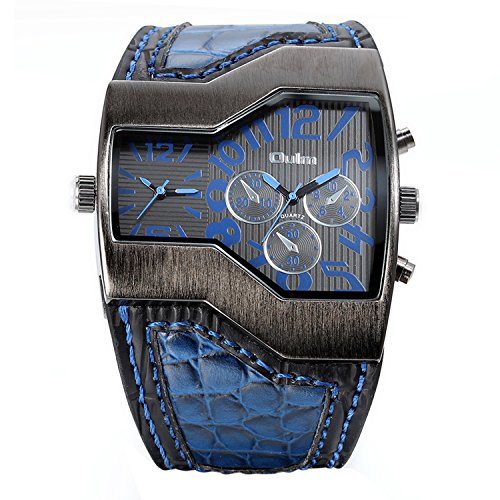 Avaner Herren Uhr Analog Japanisches Quarzwerk mit Leder Armband großes Zifferblatt 2 Zeitzonen Blau AN004-001 von Avaner