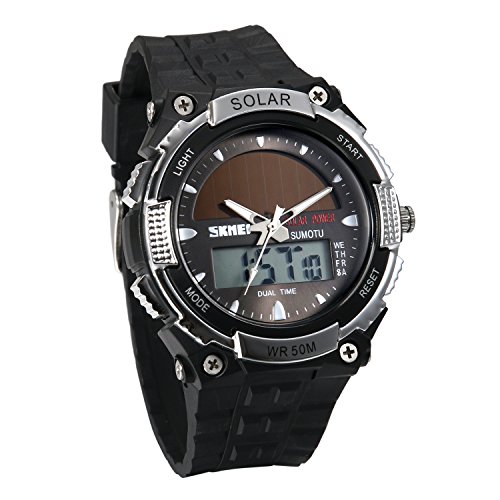 Avaner Herren Solaruhr Analog-Digital Quarzwerk mit Zwei Zeitzonen, wasserdichte Sportuhr mit Kautschuk Armband LED-Beleuchtung Stoppuhr Armbanduhr für Männer (Silver) von Avaner