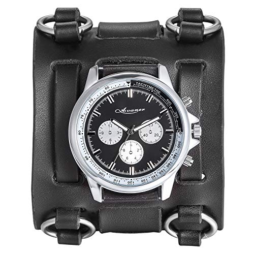 Avaner Herren Uhr Analog Japanisches Quarzwerk mit Leder Armband Steampunk Groß Schwarz, Modische Casual Armbanduhr für Herren von Avaner