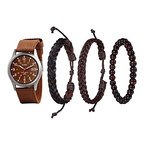 Avaner 4er Herren Uhr mit Armband Set Klassik Sport 24H Zifferblatt Kalenderfunktion Nylon Quarzuhr mit Buddha Perlen Geflochtene Lederschnur Armband Uhr für Männer Herren von Avaner