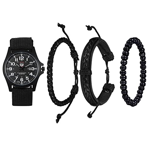 Avaner 4er Herren Uhr mit Armband Set Klassik Sport 24H Zifferblatt Kalenderfunktion Nylon Quarzuhr mit Buddha Perlen Geflochtene Lederschnur Armband Uhr für Männer Herren von Avaner