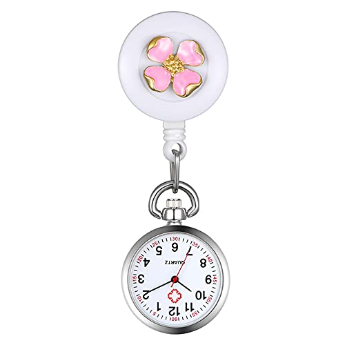 Avaner Krankenschwesteruhr Pinke Blume Pflegeruhr FOB Analog Quarzwerk pulsuhr Ansteckuhr Unisex Silver schwesternuhren mit Pin/Clip Set ausziehbar Arzt Doktor Medical Taschenuhr von Avaner
