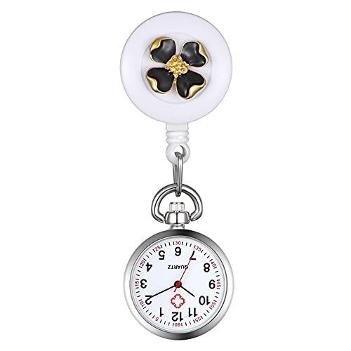 Avaner Krankenschwesteruhr Schwarze Blume Pflegeruhr FOB Analog Quarzwerk pulsuhr Ansteckuhr Unisex Silver schwesternuhren mit Pin/Clip Set ausziehbar Arzt Doktor Medical Taschenuhr von Avaner