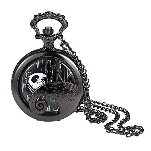 Avaner Paar Taschenuhr mit Schädel Design Analog Quarzwerk Steampunk Uhr mit arabischen Ziffern Kette für Herren Damen Valentinstag Halloween Weihnachten von Avaner