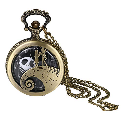 Avaner Paar Taschenuhr mit Schädel Design Analog Quarzwerk Steampunk Uhr mit arabischen Ziffern Kette für Herren Damen Valentinstag Halloween Weihnachten von Avaner