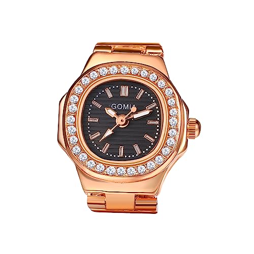 Avaner Ringuhr Fingeruhr mit Strasssteine Gehäuse Rundes Zifferblatt Einstellbare Größe Ring Uhr Finger Uhr als Geschenke für Herren Damen, Rosegold von Avaner