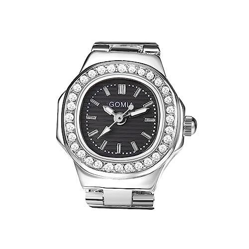 Avaner Ringuhr Fingeruhr mit Strasssteine Gehäuse Rundes Zifferblatt Einstellbare Größe Ring Uhr Finger Uhr als Geschenke für Herren Damen, Silber von Avaner