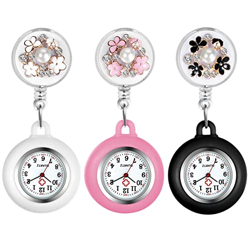 Avaner Schwesternuhren mit Clip Pulsuhr Krankenschwester Uhr Modische Dreidimensionale Blütenblatt Perle Dekoration Dehnbare Arbeitsuhr Taschenuhr für Krankenschwestern Ärzte von Avaner