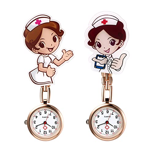 Avaner Schwesteruhr Cartoon Krankenschwesteruhr 2 Stücke Damen Taschenuhr mit Clip Kitteluhr FOB Uhr Pflegeruhr Anlog Quarzuhr ALS Geschenke für Arzt Doktor Krankenschwester von Avaner