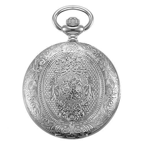 Avaner Taschenuhr für Damen Herren, Analog Quarzwerk Pocket Watch mit arabischen Ziffern, 24H Hilfs-Skala Graviertem Blumen Uhrkette als Weihnachten Geschenk Silber AN019-06 von Avaner