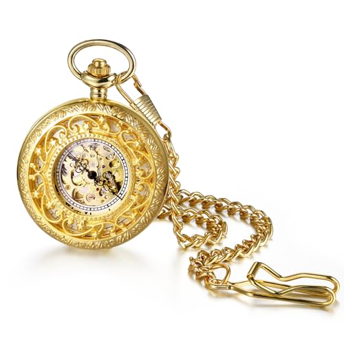 Avaner Taschenuhr mit Kette Blumen: Automatische Mechanische Taschenuhr mit Taillenkette römischer Skala Goldene Taschenuhr Analog Quarzuhr Geschenk für Männer Frauen von Avaner