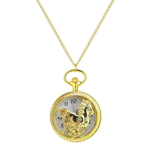 Avaner Taschenuhr mit Kette Pferd: Gold Taschenuhr mit Arabischen Ziffern Halskette Pulloverkette Analog Quarz Uhr als Geschenk für Männer Frauen von Avaner