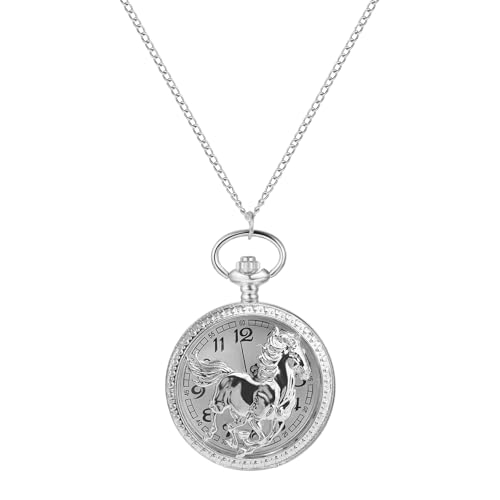 Avaner Taschenuhr mit Kette Pferd: Silber Taschenuhr mit Arabischen Ziffern Halskette Pulloverkette Analog Quarz Uhr als Geschenk für Männer Frauen von Avaner
