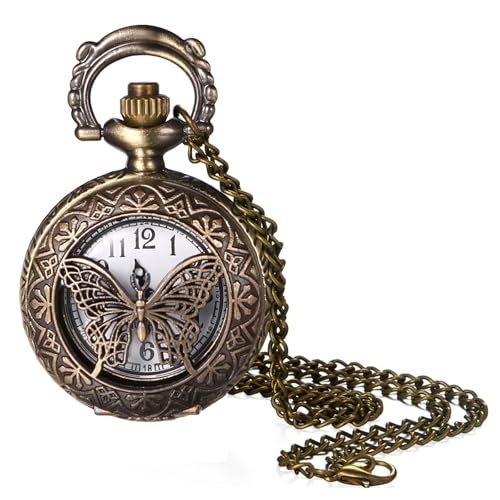 Avaner Taschenuhr mit Kette Schmetterling: Bronze Halskette Taschenuhren mit Arabischen Ziffern Pulloverkette Analoge Uhr für Herren Damen als Geschenke für Muttertag Vatertags Weihnachten Geburtstag von Avaner