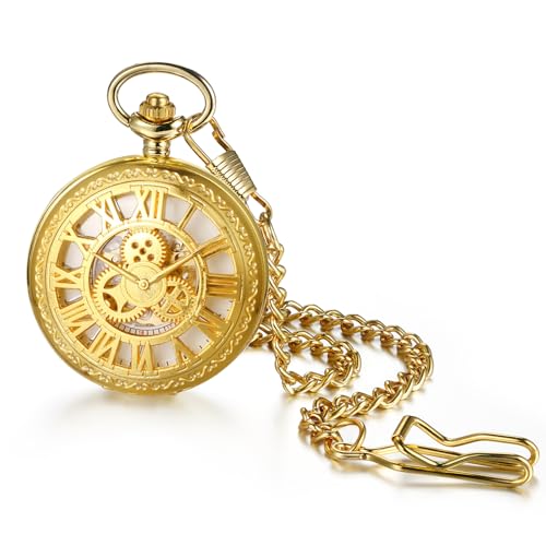 Avaner Taschenuhr mit Kette Zahnrad: Automatische Mechanische Taschenuhr mit Taillenkette römischer Skala Goldene Taschenuhr Analog Quarzuhr Geschenk für Männer Frauen von Avaner