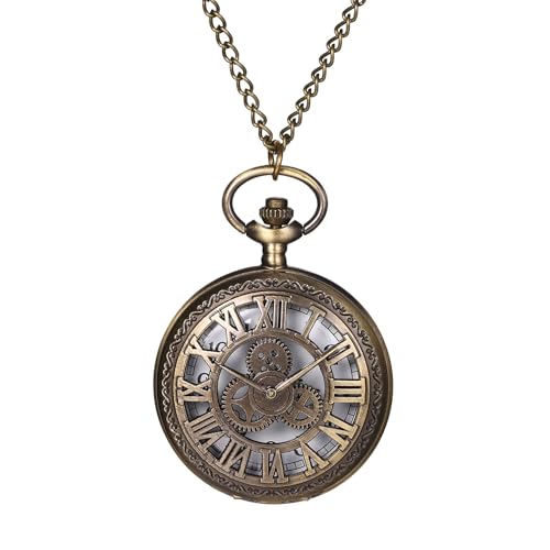Avaner Taschenuhr mit Kette Zahnrad: Bronze Taschenuhr mit Arabischen Ziffern Halskette Pulloverkette Analog Quarz Uhr als Geschenk für Männer Frauen von Avaner