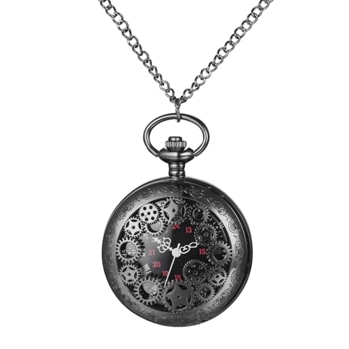 Avaner Taschenuhr mit Kette Zahnraddekoration: Schwarze Taschenuhr mit Arabischen Ziffern Halskette Uhr Pulloverkette Analog Quarzuhr Geschenk für Frauen Männer von Avaner