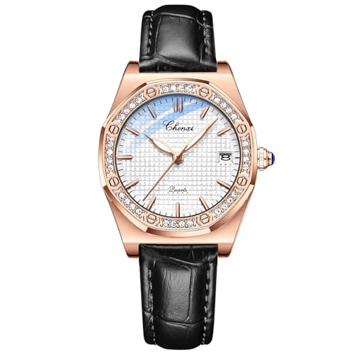 Avaner Uhren Damen Echtleder Armband: Damenuhr mit Kalender Leuchtende Zeiger Skala Damen Armbanduhr Achteckige Lünette mit Diamanten Analog Quarz Uhr Watches für Frauen von Avaner