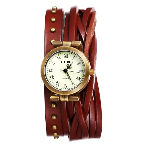 Avaner Uhren Damen Echtleder Armband: Punk Motorraduhr Retro Armbanduhr mit Römischen Ziffern Doppelschicht Wickeluhr Vintage Analog Quarzuhr für Frauen von Avaner