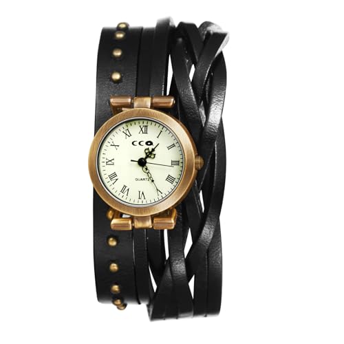 Avaner Uhren Damen Echtleder Armband: Punk Motorraduhr Retro Armbanduhr mit Römischen Ziffern Doppelschicht Wickeluhr Vintage Analog Quarzuhr für Frauen von Avaner