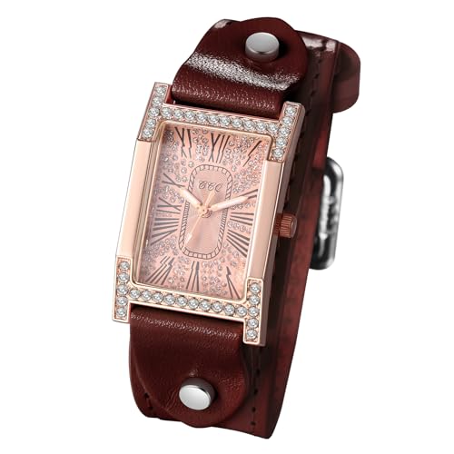 Avaner Uhren Damen Leder Diamant: Steampunk Manschette Armbanduhr Römische Ziffernskala Quadratische Rechteckige Uhren Vintage Analog Quarzuhr Leder Damenuhr als Geschenke für Frauen von Avaner