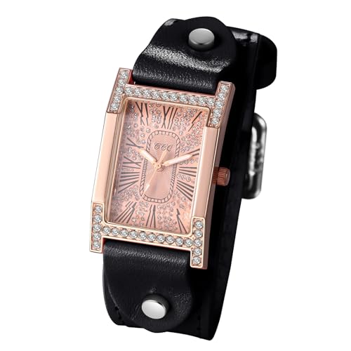 Avaner Uhren Damen Leder Diamant: Steampunk Manschette Armbanduhr Römische Ziffernskala Quadratische Rechteckige Uhren Vintage Analog Quarzuhr Leder Damenuhr als Geschenke für Frauen von Avaner