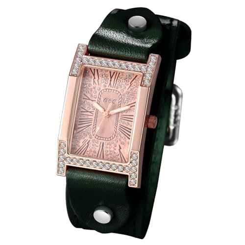 Avaner Uhren Damen Leder Diamant: Steampunk Manschette Armbanduhr Römische Ziffernskala Quadratische Rechteckige Uhren Vintage Analog Quarzuhr Leder Damenuhr als Geschenke für Frauen von Avaner
