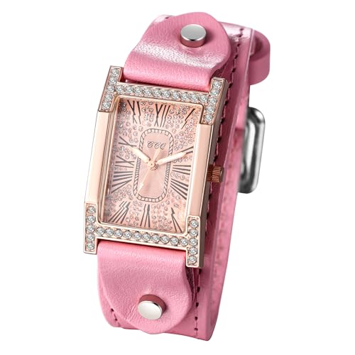 Avaner Uhren Damen Leder Diamant: Steampunk Manschette Armbanduhr Römische Ziffernskala Quadratische Rechteckige Uhren Vintage Analog Quarzuhr Leder Damenuhr als Geschenke für Frauen von Avaner
