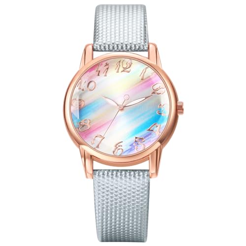 Avaner Uhren Damen PU Lederarmband: Damenuhr mit Regenbogen Zifferblatt Arabischen Ziffern Rainbow Bohemian Armbanduhr Analog Quarz Uhr Studentenuhr Watches für Frauen Mädchen von Avaner