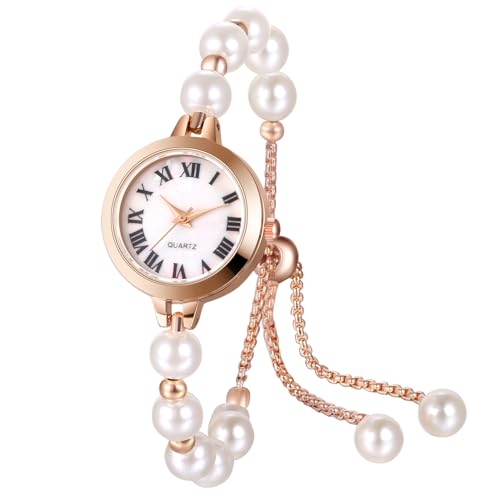 Avaner Uhren Damen Perlen Armband: Kleine Damenuhr mit Römischen Ziffern Modische Damen Armbanduhr Schmuckschließe Armband Analoge Quarz Uhr für Frauen Mädchen von Avaner