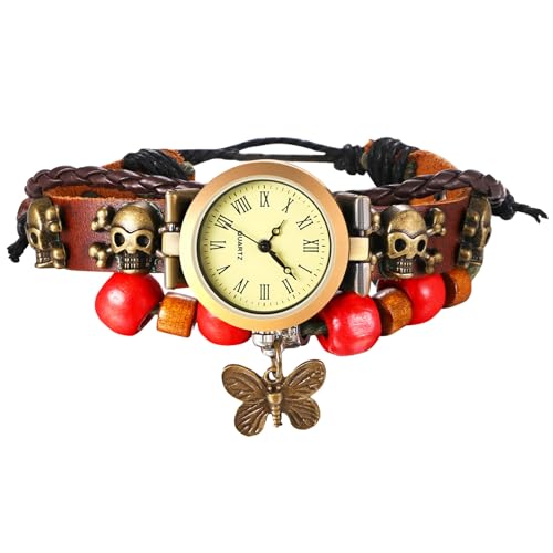 Avaner Uhren Damen Vintage Lederarmband: Armbanduhr mit handgeflochtenen Schmetterling Anhänger Mehrschichtiges Armband Damen Uhr Analog Quarzuhr Leder Armbänder für Frauen von Avaner