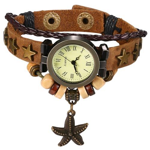 Avaner Uhren Damen Vintage Lederarmband: Armbanduhr mit handgeflochtenen Seesterne Anhänger Mehrschichtiges Armband Damen Uhr Analog Quarzuhr Leder Armbänder für Frauen von Avaner