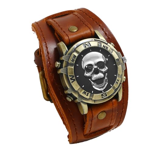Avaner Uhren Herren Echtleder Halloween: Steampunk Armbanduhr Vintage Breite Lederuhr Trendy Mode Punk-Stil Schädel Uhr Armband Analoge Quarz Uhr Halloween Deko für Männer Junge von Avaner