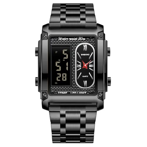 Avaner Uhren Herren Edelstahlarmband Rechteckig: Herrenuhr mit Zwei Uhrwerken Multifunktionale Armbanduhr Wochenkalender Wecker Stoppuhr Analog Quarzuhr Geschenk für Männer von Avaner
