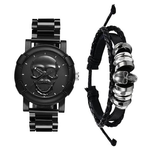 Avaner Uhren Herren Lederarmband Halloween: Steampunk Uhr Armband Set Totenkopf Schädel Armbanduhr Echtelederuhr Herrenuhr Analoge Quarz Uhr Cosplay für Männer von Avaner