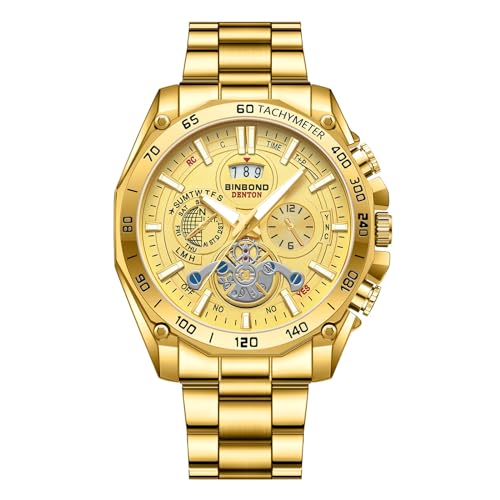 Avaner Uhren Herren Tourbillon Kalender: wasserdichte Armbanduhr Gold Analoger Quarz Uhr mit leuchtende Zeiger Skala Edelstahlarmband Home Business Herrenuhr für Männer von Avaner