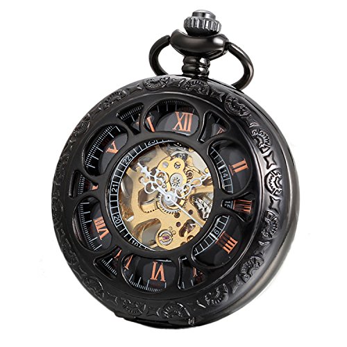 Avaner Unisex Analog Handaufzugwerk Uhr Taschenuhr Steampunk Kette mit römischen Ziffern Schwarz Avaner01P-12 von Avaner