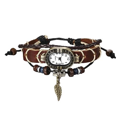 Avaner Vintage Armbanduhr mit handgeflochtenen Blättern Anhänger Mehrschichtiges Armband Damen Uhr Analog Quarzuhr Leder Armbänder für Frauen von Avaner