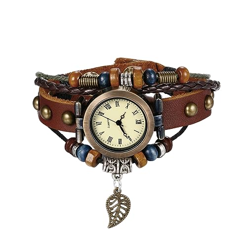 Avaner Vintage Armbanduhr mit handgeflochtenen Blättern Anhänger Mehrschichtiges Armband Damen Uhr Analog Quarzuhr Leder Armbänder für Frauen von Avaner