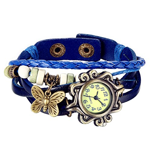 Avaner Vintage Armbanduhr mit handgeflochtenen Blättern Eule Schmetterling Anhänger Herren Damen Uhr Analog Quarzuhr Leder Armbänder für Frauen Männer von Avaner