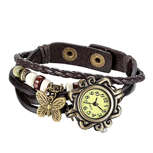 Avaner Vintage Armbanduhr mit handgeflochtenen Blättern Eule Schmetterling Anhänger Herren Damen Uhr Analog Quarzuhr Leder Armbänder für Frauen Männer von Avaner