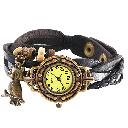 Avaner Vintage Armbanduhr mit handgeflochtenen Blättern Eule Schmetterling Anhänger Herren Damen Uhr Analog Quarzuhr Leder Armbänder für Frauen Männer von Avaner