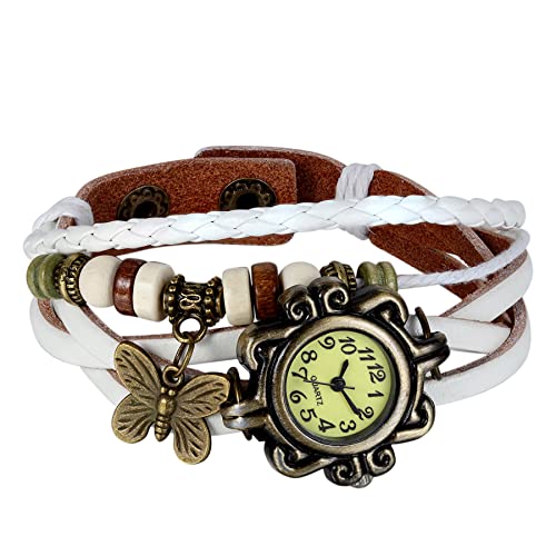 Avaner Vintage Armbanduhr mit handgeflochtenen Blättern Eule Schmetterling Anhänger Herren Damen Uhr Analog Quarzuhr Leder Armbänder für Frauen Männer von Avaner